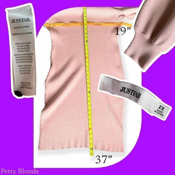 Puff Sleeve Ribbed Sweater Dress Womens Size 2X Pink Knit Long Sleeve JustFab - Picture 10 of 14